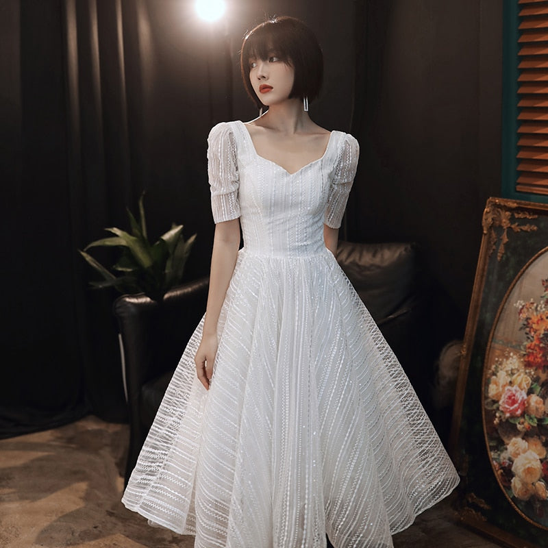 SS140 Simple white sequined short Wedding dress - Nirvanafourteen