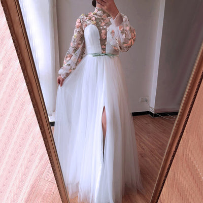 LG347 High Collar flower embroidery high split Evening dress