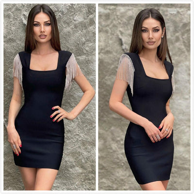 MX323 Fringe Diamond Square Neck Cocktail dresses (4 Colors )