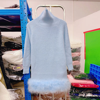MX262 Winter Turtleneck Long Sleeve Feather Dresses ( 5 Colors)