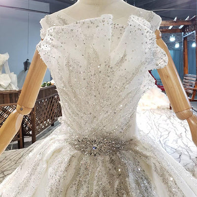 HW284 Real Photo O-Neck Crystal Sequined Beading Wedding Dress