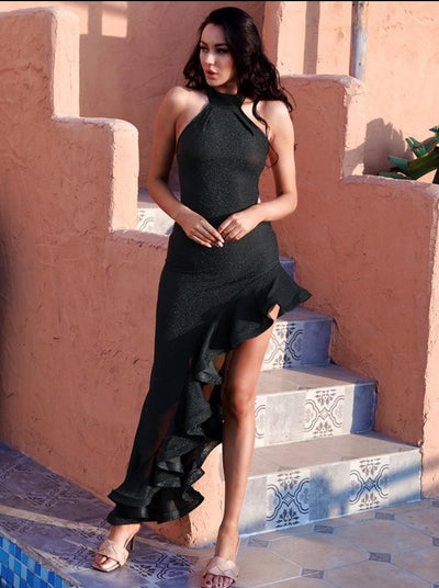 MX315 Sexy Black Halter Ruffle Party Dress