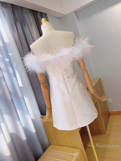 SS172 Ostrich feather Off Shoulder short Wedding dress