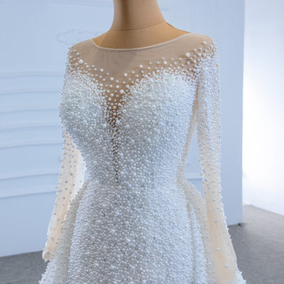 HW413-1 Real pictures Long Sleeve heavily Pearls beaded Bridal Gown