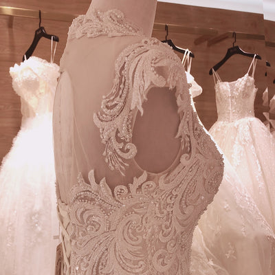 HW293 Real Pictures High Neck pearl beaded Mermaid Wedding Gown