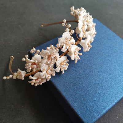 BJ432 Handmade ceramic Flower Pearls Wedding Tiaras ( 3 Colors )