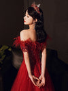 PP321 Burgundy off the shoulder feathers Evening Gowns
