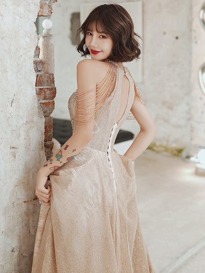 PP328 Luxury Champagne Halter Crystal Tassel Beading Formal Gowns