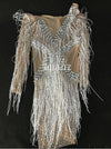 KP52 Latin dance Dress See Through Silver Rhinestones Fringes