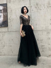 PP356 Black Half sleeves sequined Evening Dress