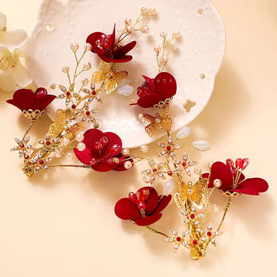 BJ385 : 2pcs red flower Bridal Hair claws