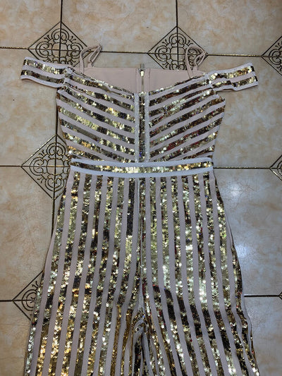 JR156 striped gold sequin Prom Jumpsuit