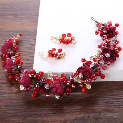 BJ343 Rhinestone & flower Bridal Headband (Red/Pink)