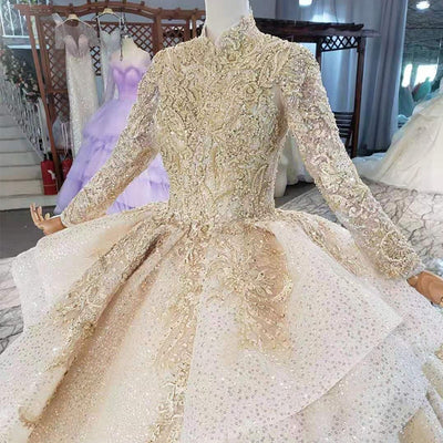 HW375 Real pictures Luxurious Champagne Muslim Wedding Gown