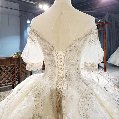 HW306 Luxurious Short Puff Sleeve Crystal Beading Sequined Wedding Dress