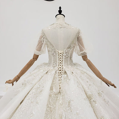 HW315 Real pictures: Luxury High Neck short puff sleeves Wedding Gown