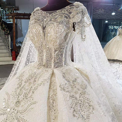 HW317 Real Pictures : Handmade sequined beading Wedding gown with cape