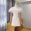 SS172 Ostrich feather Off Shoulder short Wedding dress