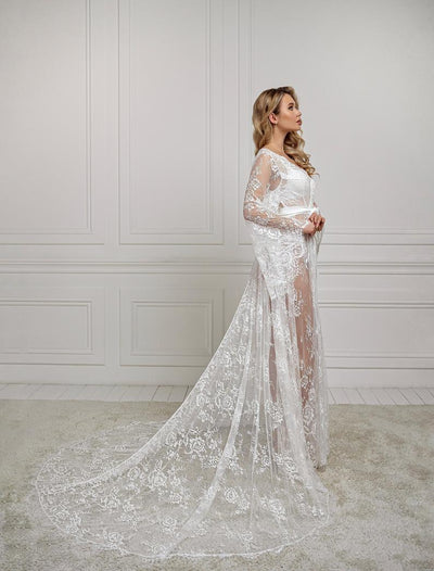 BR12 Long Lace Bridal Robe with Train