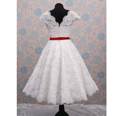 SS134 Lace tea length Wedding dress with custom color belt