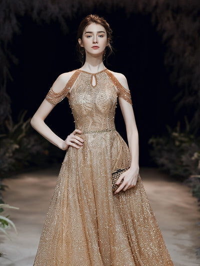 PP327 Gold halter sequined Evening Gown