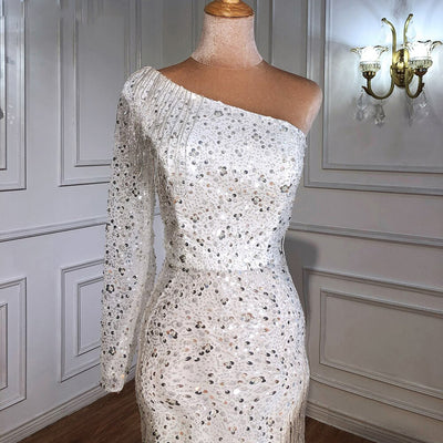 HW263 Handmade White High Split One Shoulder Beading Tassel Bridal Dress