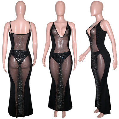 MX380 Sexy Sheer Diamond Maxi Dress with Panties ( 3 Colors )