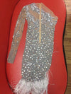 KP77 Latin dance costume Silver Rhinestone Fringes Transparent dress