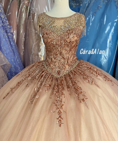 CG249 Stunning Scoop Neck Tassel Beaded Prom Ball Gowns