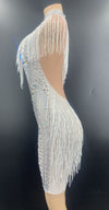 KP49 Sparkly Rhinestone Fringe Transparent Short Dresses ( 2 Colors )