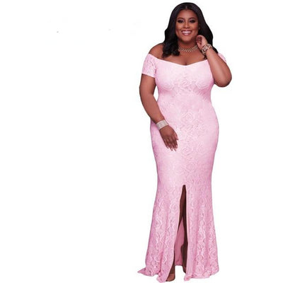 MX140 Elegant Plus Size Off Shoulder Lace Party dresses (Pink/White)