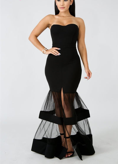 MX59 Strapless Mesh Patchwork Bodycon Maxi Dress (3 Colors)