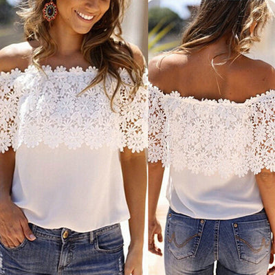 TJ22 Lace Crochet Off Shoulder Tops Blouse