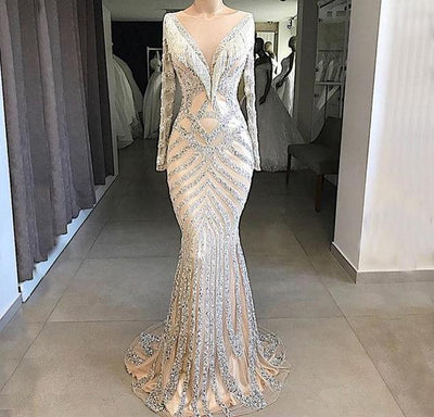 LG43 Evening gown Long Sleeves deep v neck tassel