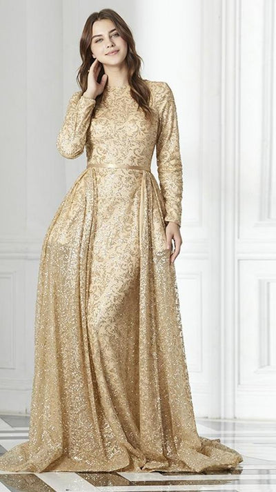 LG03 Muslim Long Sleeve Gold Evening Dress