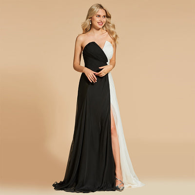 LG130 Plus size Black and White strapless chiffon Evening Gown