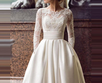 CW47 Long sleeve satin wedding dress with pockets