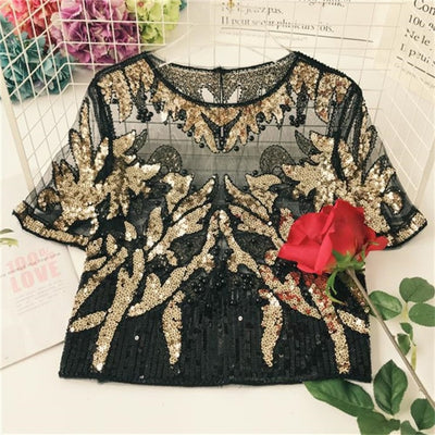 TJ39 Sequined Patchwork Women Tops ( 3 Colors)