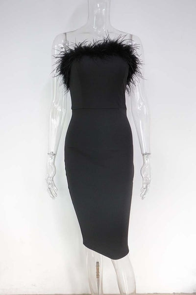 MX79 Black strapless with feather bodycon Celebrity Dress