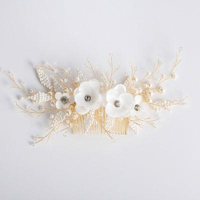 BJ20 White Flower Pearl  Comb Bridal Hair Accessories