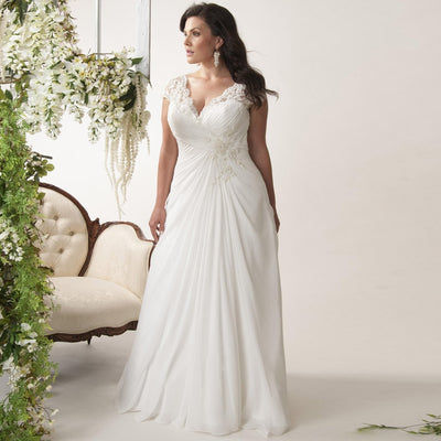 CW165 Plus Size Cap Sleeve Applique Beaded beach Wedding Dress