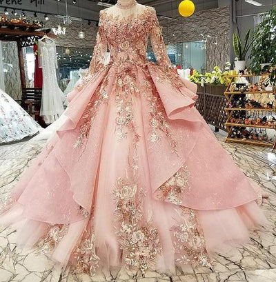 CG25 Flowers Pearls Sleeves Wedding Dress