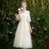 BH131 Boat Neck Flare Sleeves bridesmaid dresses (Gray/Champagne)