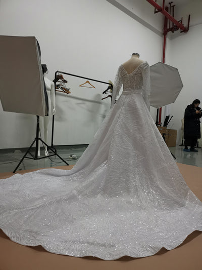 HW91 Long sleeves beading mermaid Wedding Gowns with detachable skirt
